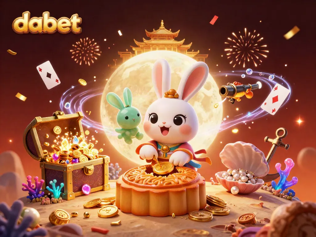 Dabet players enjoy a vibrant lunar casino scene with the lucky moon rabbit and treasures.