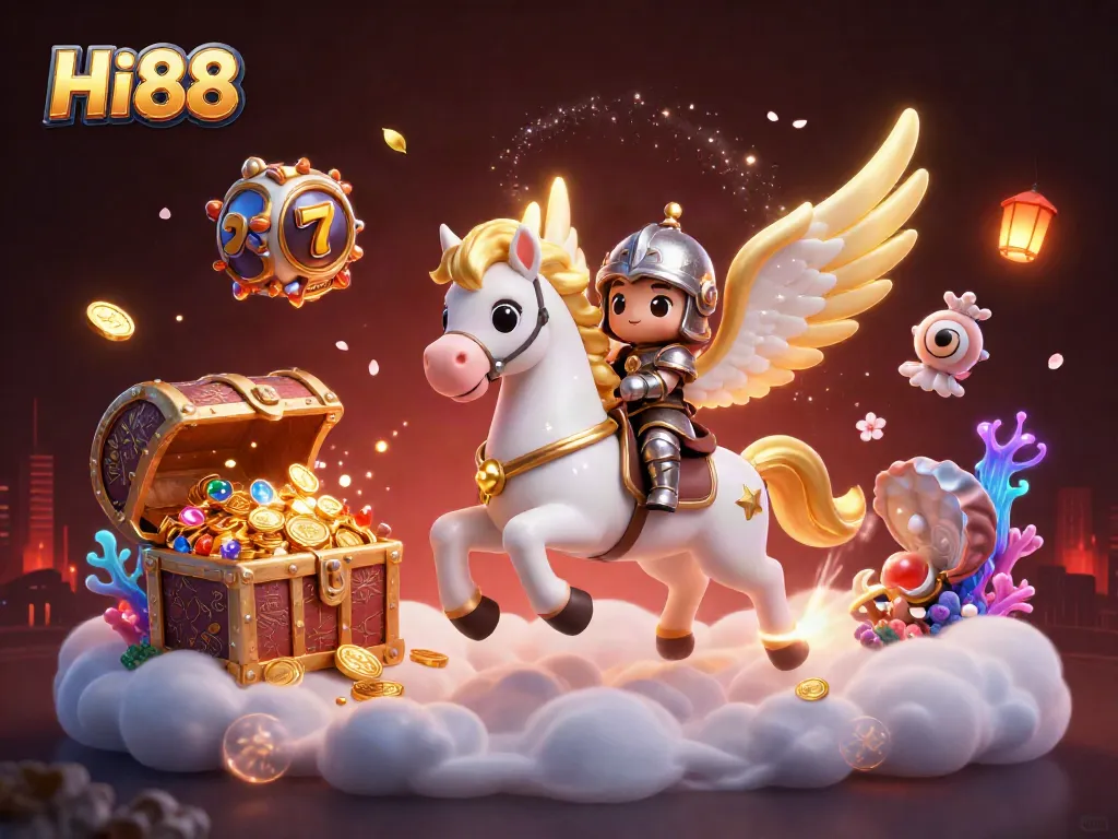 Play exciting games at Hi88 Casino with a celestial horse and knight amidst a treasure explosion.