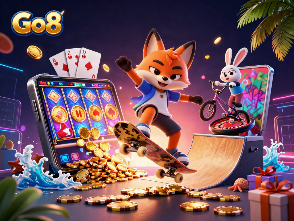 Go8 engages players with a vibrant casino scene featuring a fox and rabbit in dynamic action.