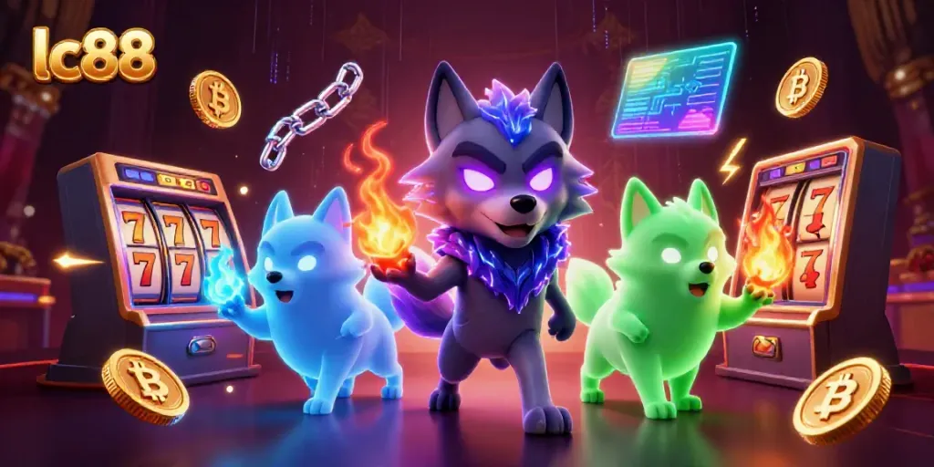 Engage in thrilling gameplay at lc88 with a dynamic casino scene featuring animated wolves and cryptocurrency elements.