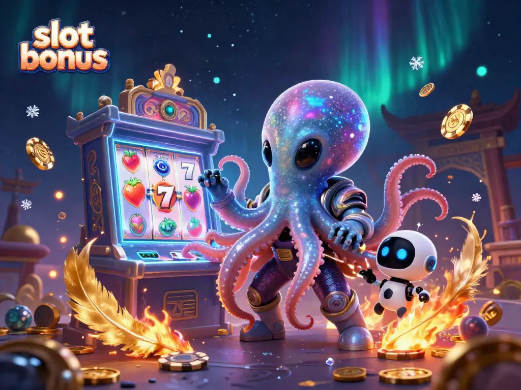 Alien octopus joyfully celebrating a slot bonus amidst vibrant themes and gold coins.
