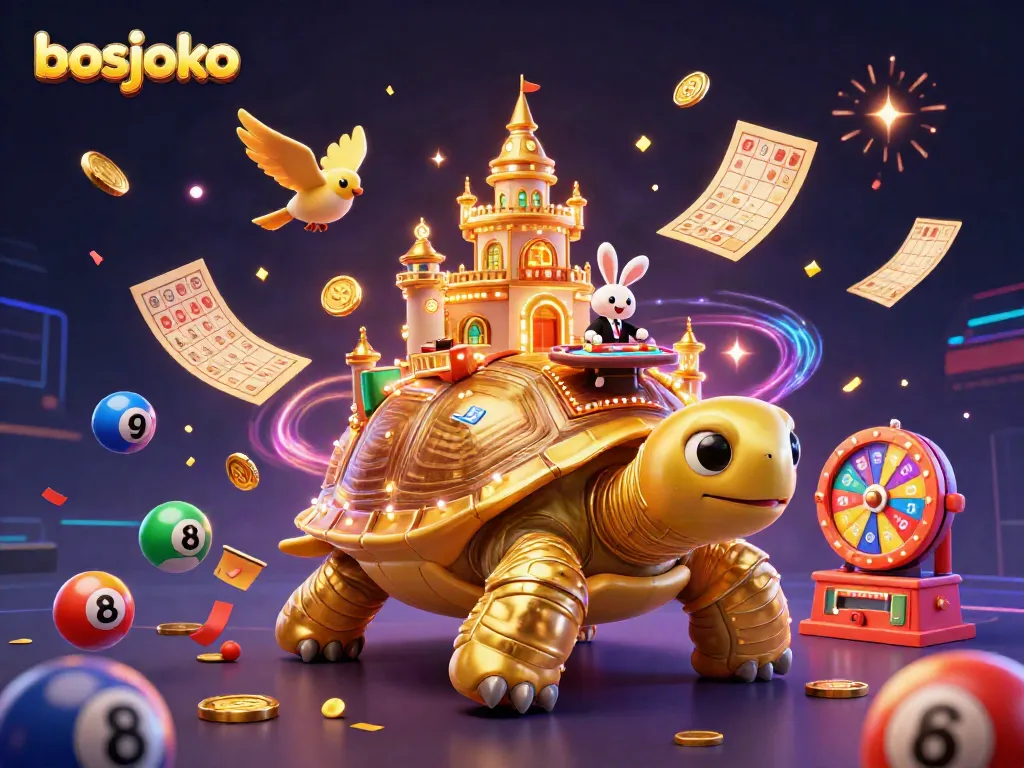 Experience the excitement of bosjoko with a vibrant scene featuring a golden tortoise casino and playful elements.