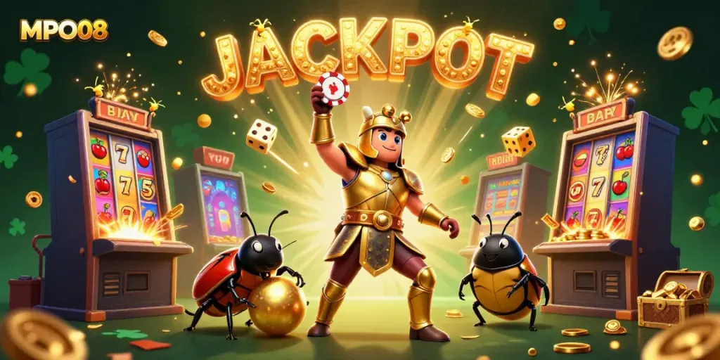 MPO08 celebrates a jackpot moment with a heroic beetle character showcasing winning gaming elements in a vibrant casino scene.