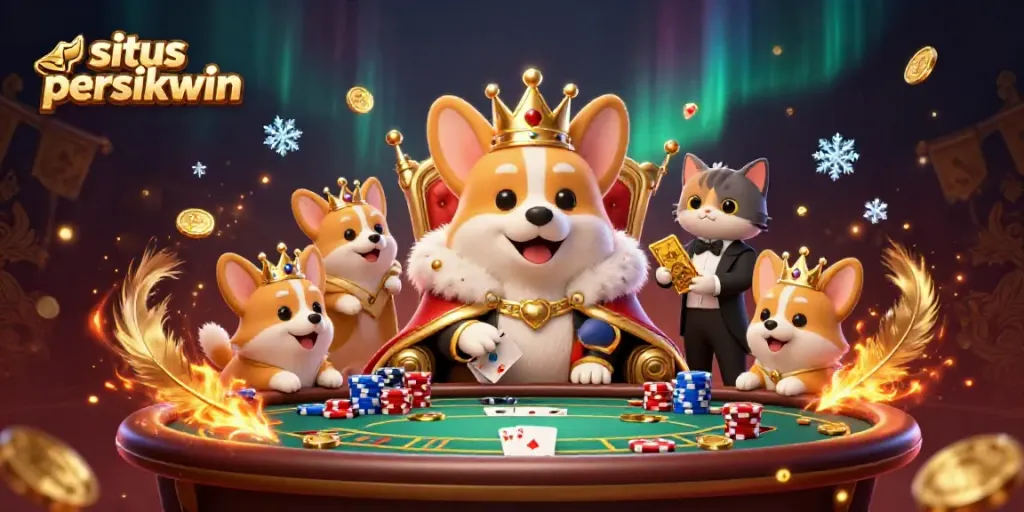 Permainan situs persikwin menampilkan corgi kerajaan dengan mahkota, kartu emas, dan tumpukan chip poker.