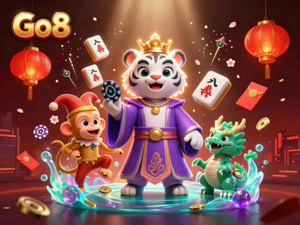 Go8 casino illustration featuring a royal tiger and jester monkey surrounded by casino elements