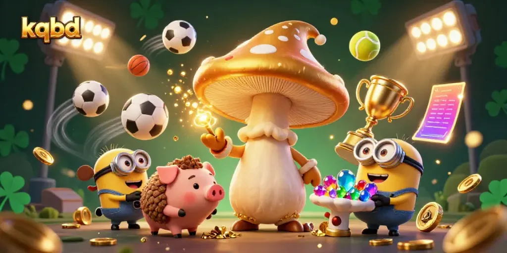 Showcase the dynamic action of kqbd with sports betting magic and treasure-filled characters.