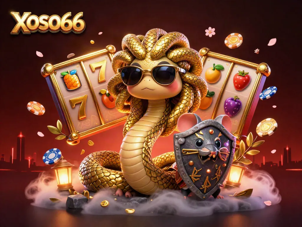 Experience thrilling casino action with XOSO66 featuring Medusa and a warrior mouse in a dynamic gaming scene.