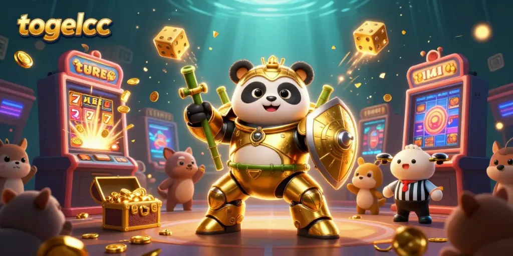 Experience the excitement of togelcc with a dynamic casino-themed illustration showcasing a golden panda mech in action.