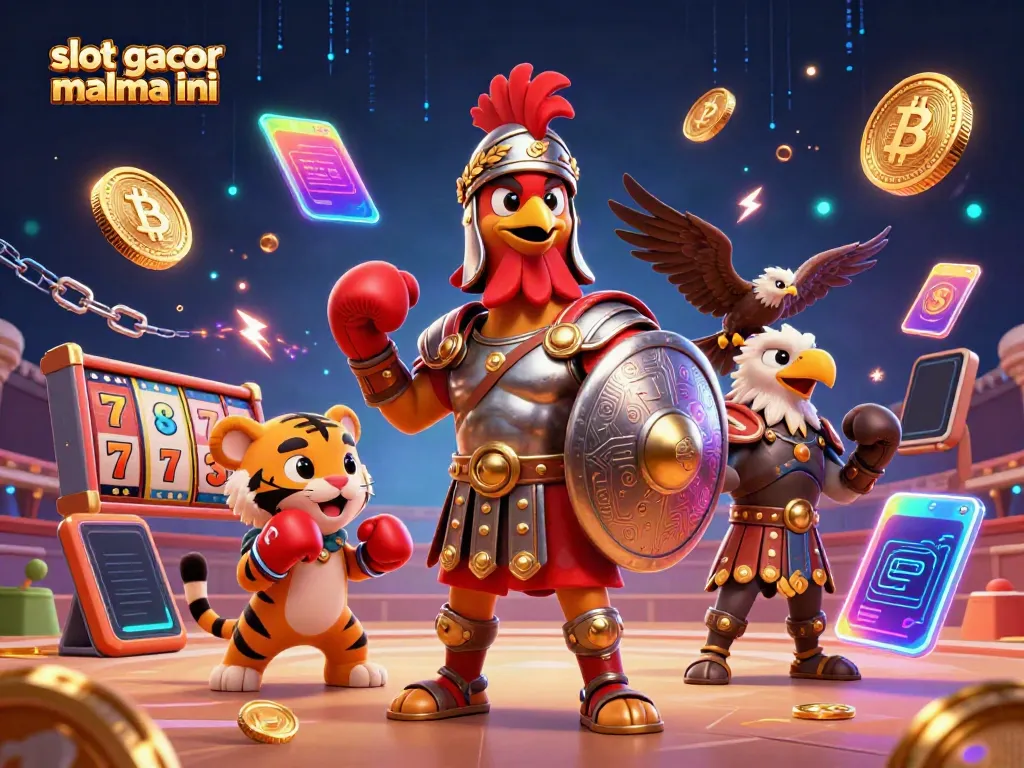 Experience thrilling action in this slot gacor malma ini illustration featuring a gladiator rooster amidst vibrant casino elements.