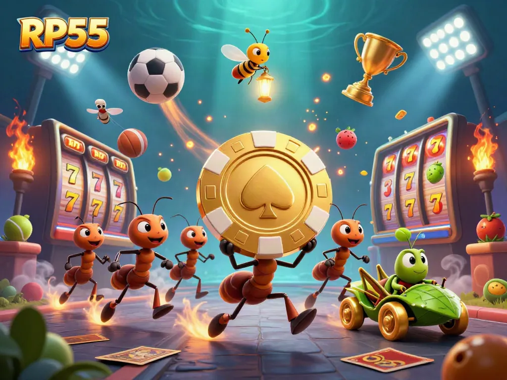 Experience RP55 with 3D cartoon ants stealing a giant poker chip amidst colorful slot reels and dynamic sports elements.