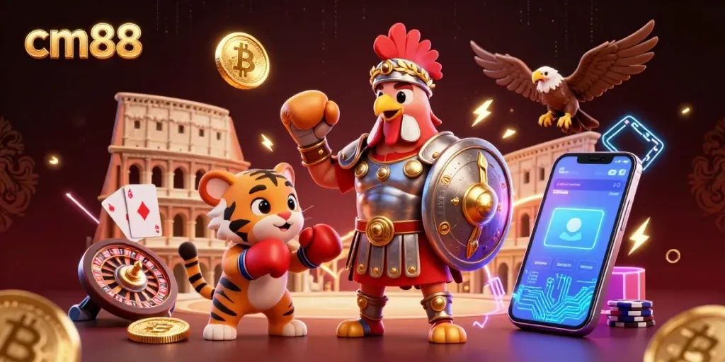 Engage in thrilling cm88 gambling with a dynamic 3D scene featuring a rooster, tiger, and eagle among vibrant casino elements.