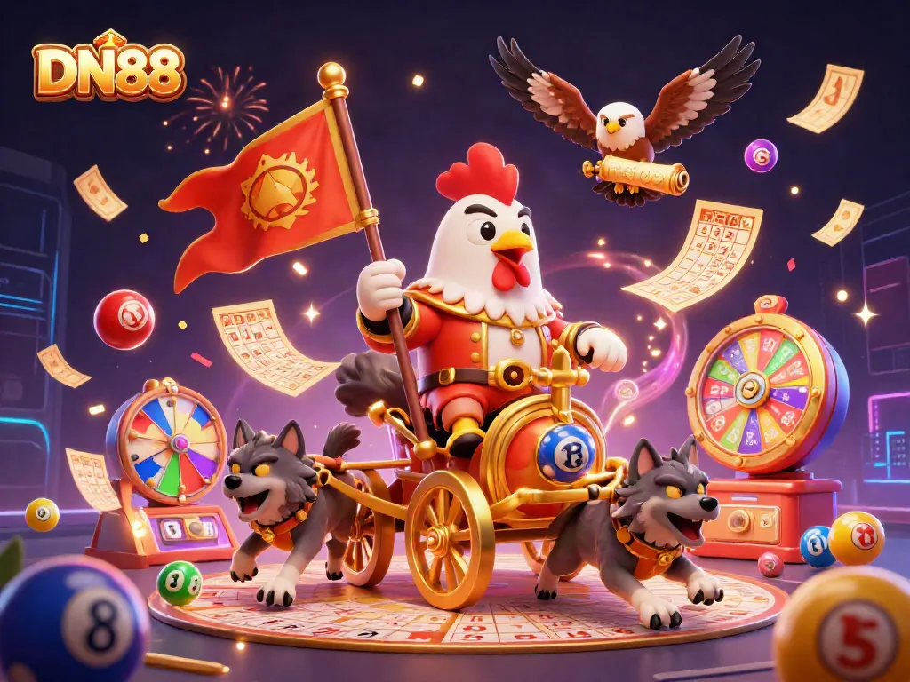 Experience DN88's thrilling cockfighting gameplay with a dynamic scene featuring a rooster warlord.