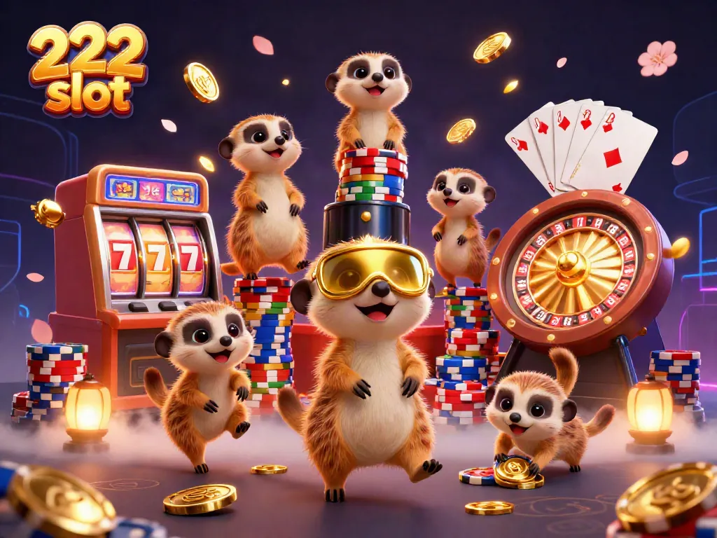 Meeerkats beroperasi di kasino dengan elemen slot, kartu, dan chip warna-warni untuk 222 slot yang dinamis.