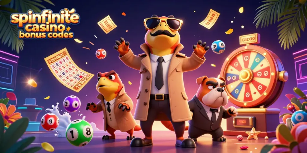 Spinfinite casino bonus codes, as raptors in a trench coat approach a VIP casino lounge.