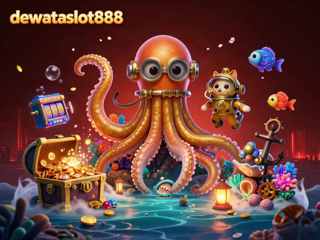 Mainkan di dewataslot888 dengan ilustrasi 3D kraken dan simbol slot yang meriah.