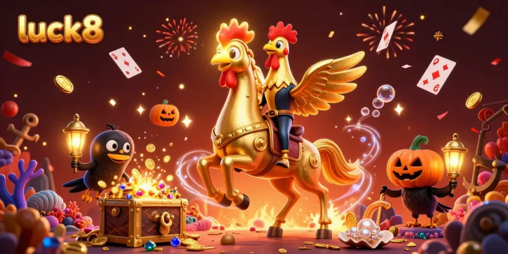 Experience luck8 in a vibrant casino scene with a golden rooster riding a spectral horse amidst treasures.