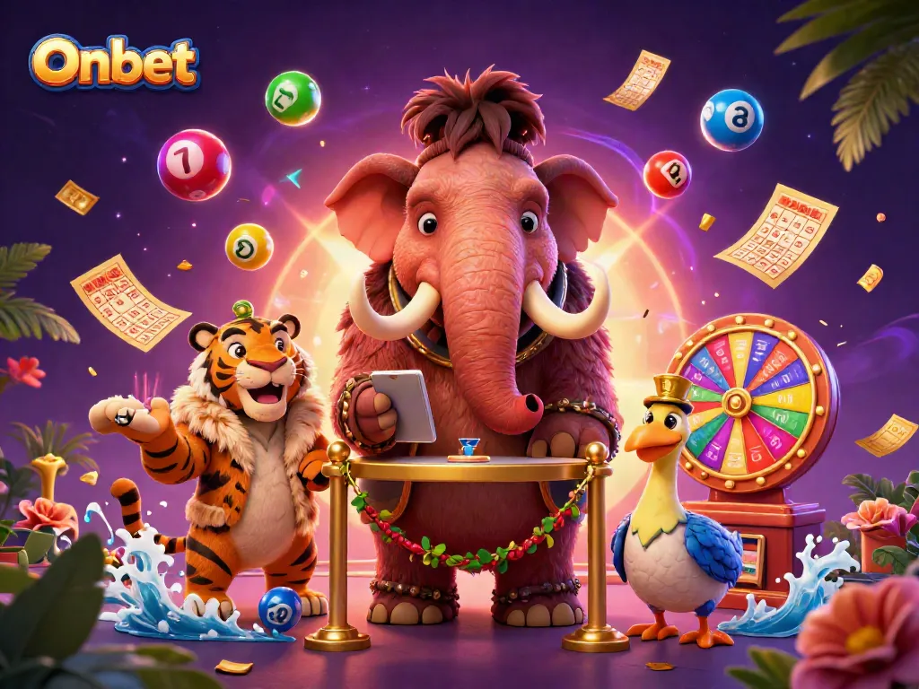Onbet features a lively bouncer and VIP guests in a vibrant casino scene packed with lottery excitement.