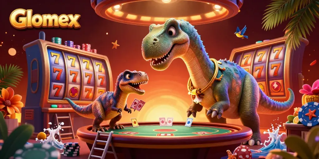 Glomex showcases a vibrant casino scene with a brontosaurus and raptor at a poker table.