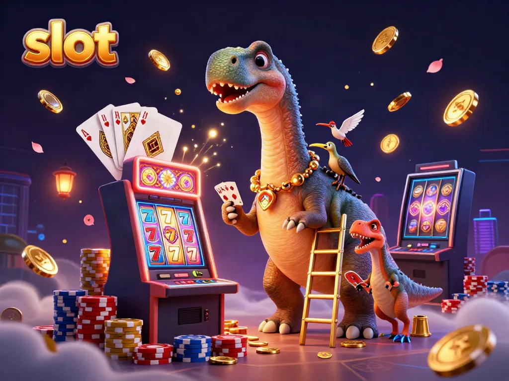 Engaging 3D casino scene capturing a brontosaurus and raptor amidst a vibrant slot machine and card games.