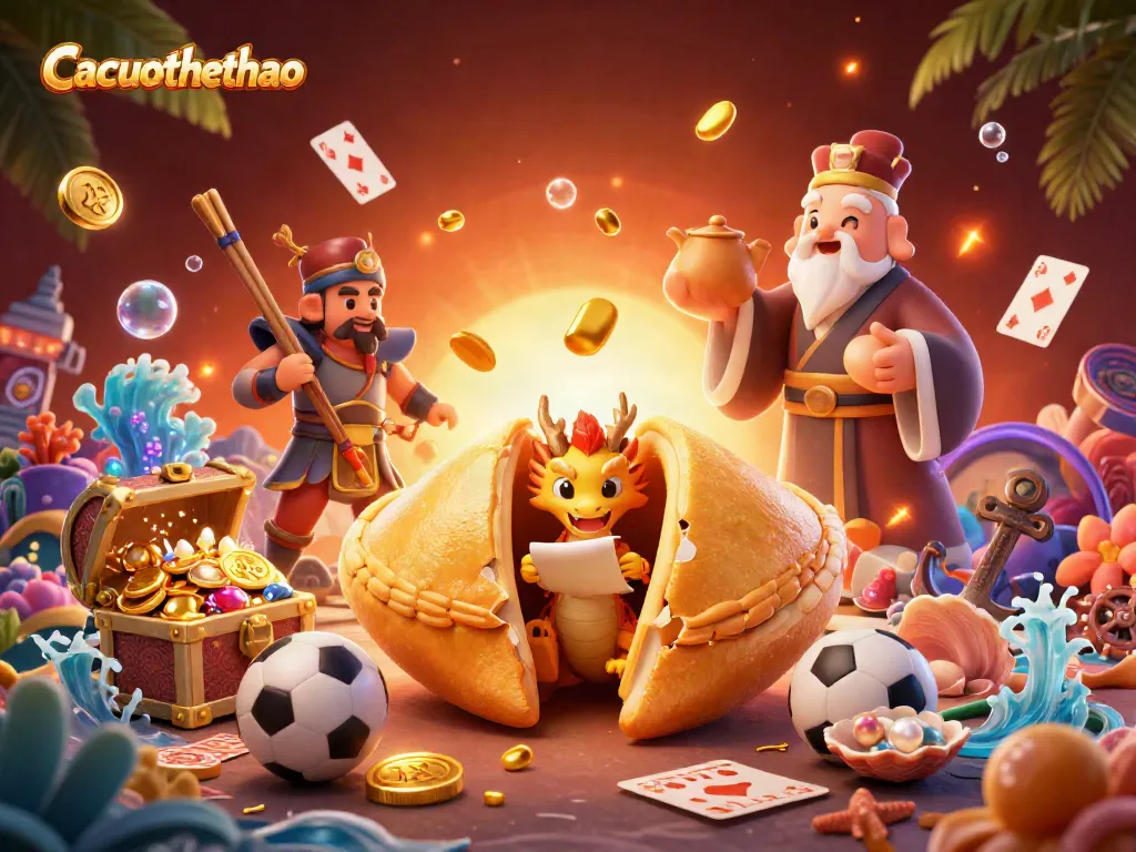 Experience Cacuocthethao in a dynamic sports betting scene with fortune cookie and dragon elements.