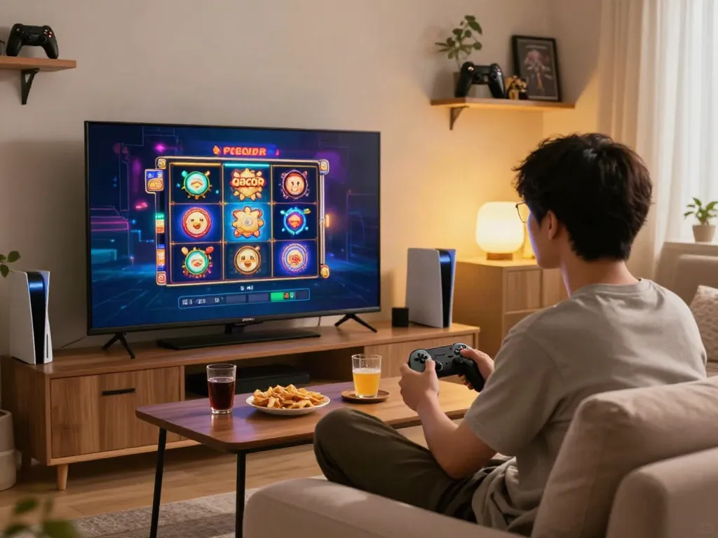 Engaging player enjoying a slot gacor game in a cozy living room with snacks, vibrant screen, and warm lighting.