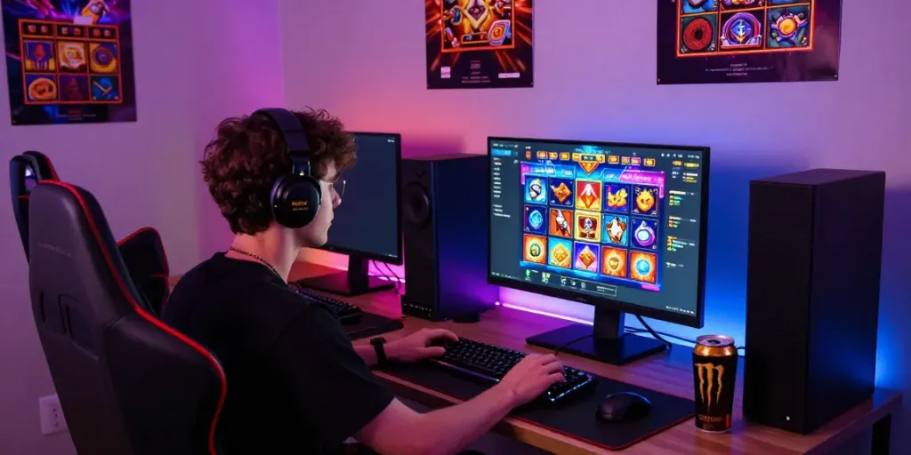 Player engaging with ahha4d slot games on a colorful gaming setup.