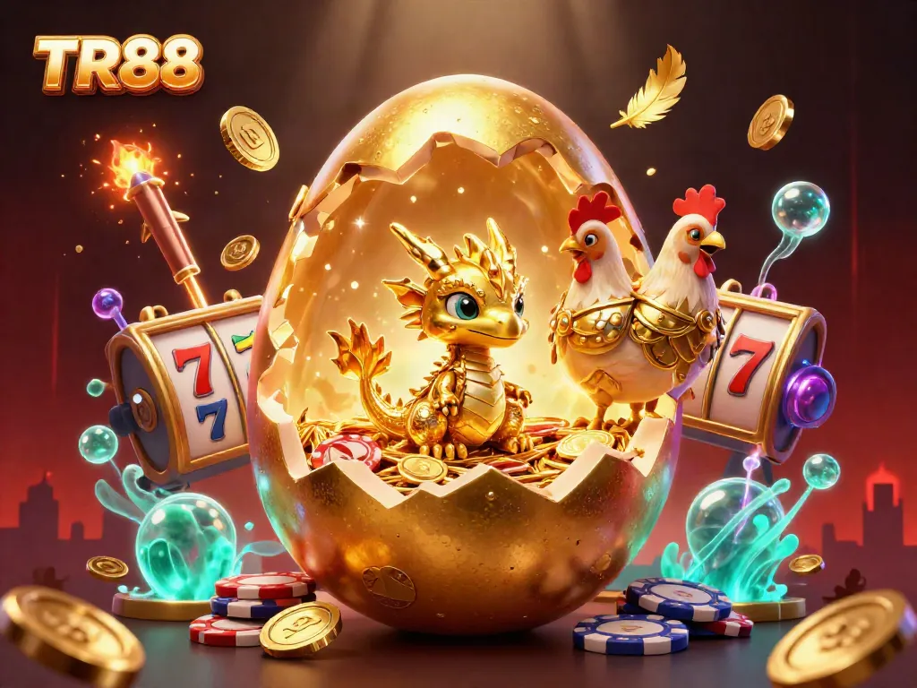 Experience TR88's thrilling gaming atmosphere with a golden dragon, poker chips, and slot reels.