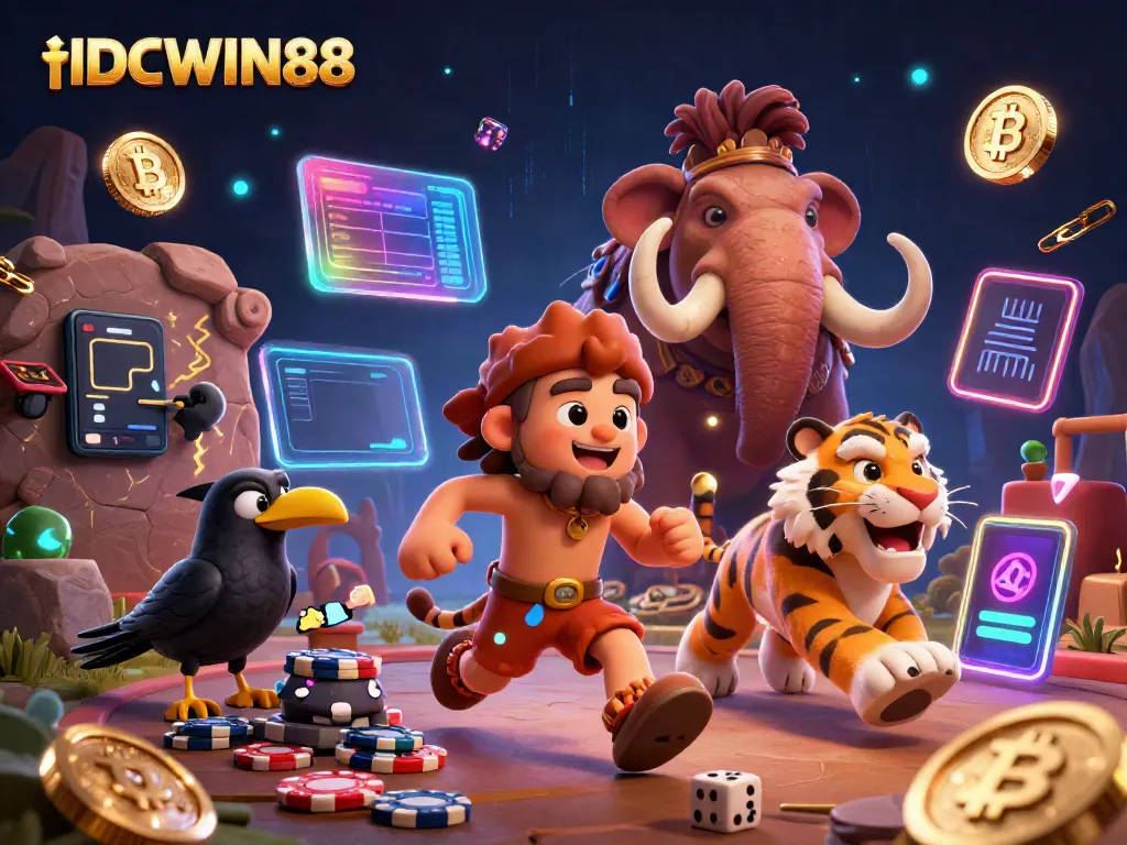 Experience exciting wins at IDCWIN88 with a dynamic prehistoric casino featuring vibrant characters and gaming elements.