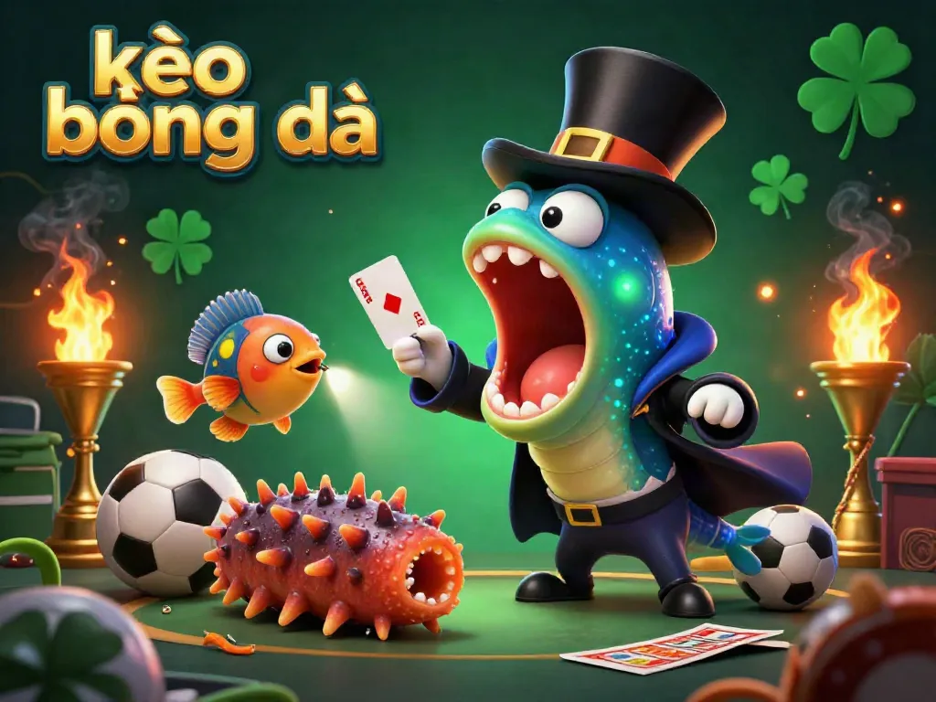 Betting on kèo bóng đá as a gulper eel performs magic tricks surrounded by vibrant sports elements.