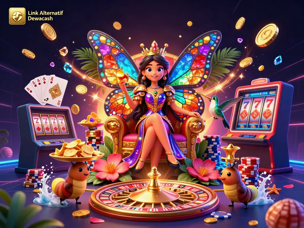 Experience the vibrant world of Link Alternatif Dewacash with a whimsical butterfly queen in a stunning casino scene.