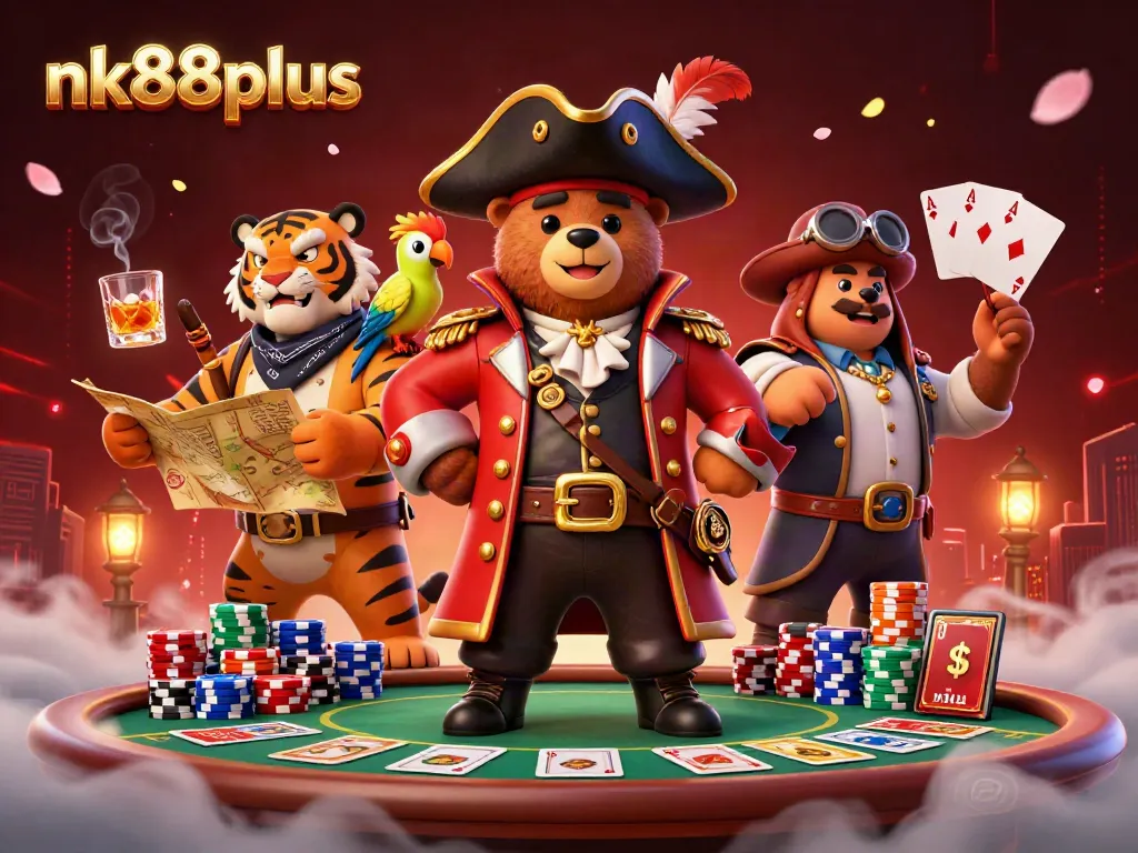 Engage in exciting action at nk88plus with vibrant casino scenes featuring poker elements and adventurous characters.
