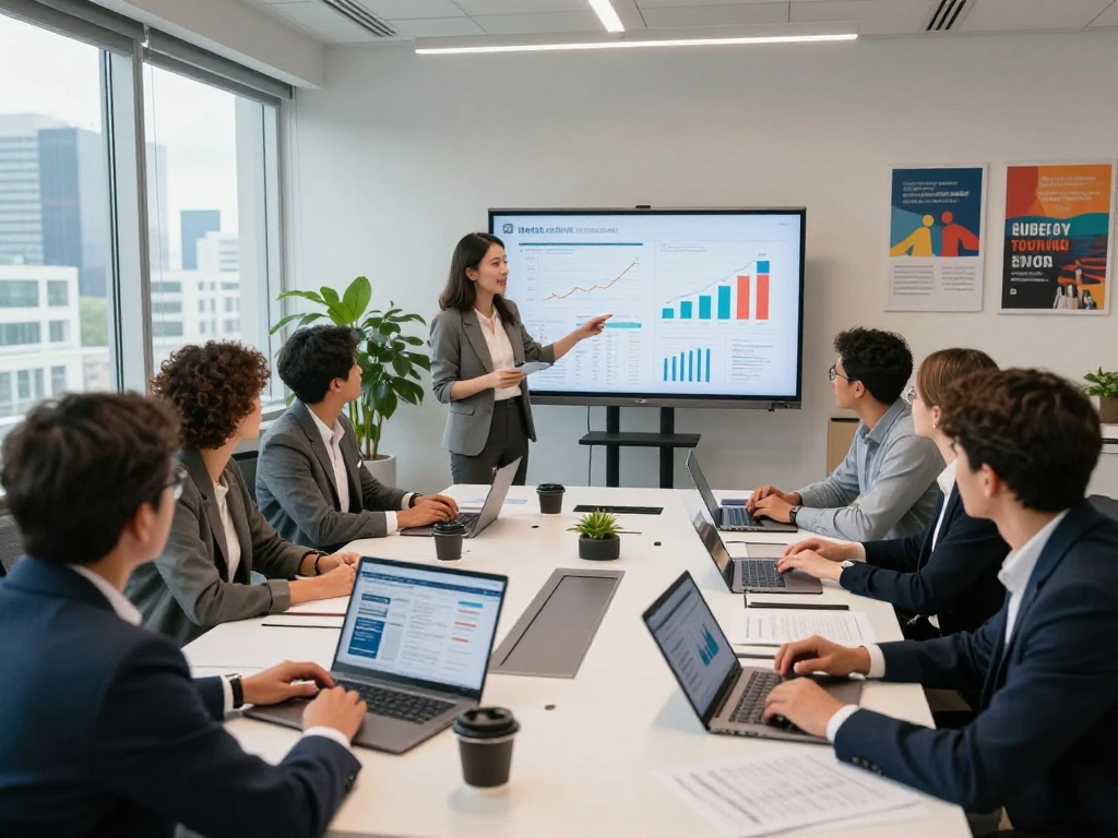 Tim profesional berdiskusi dengan data di bos88ap.com dalam ruang pertemuan modern, menciptakan suasana kolaboratif.