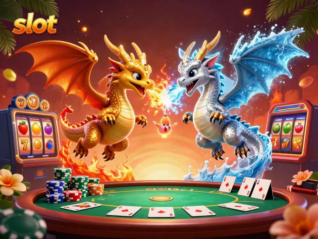 Experience thrilling slot action with dragons and vibrant casino elements in a dynamic scene.