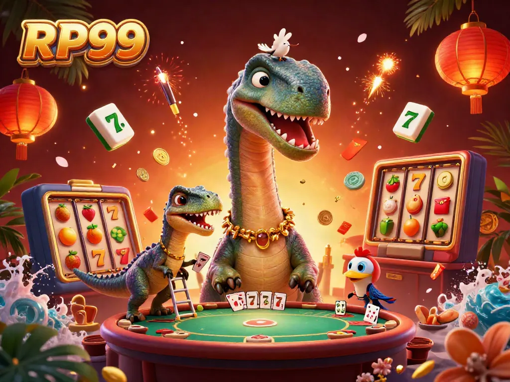 Experience the excitement of RP99 with a playful brontosaurus and lucky slot symbols in a dazzling casino