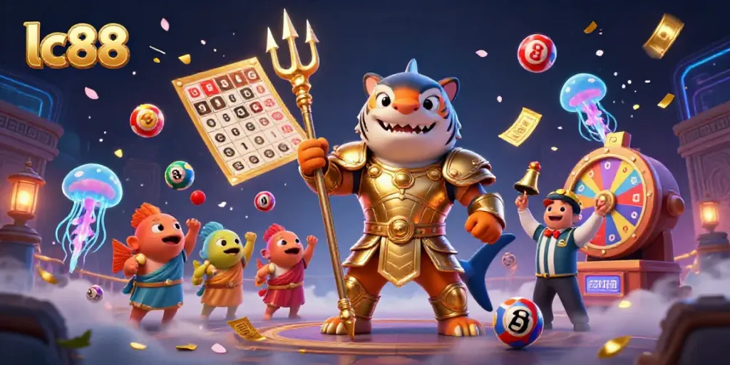 Experience the excitement of lc88 with a dynamic underwater casino scene featuring a gladiator shark and lively game elements.