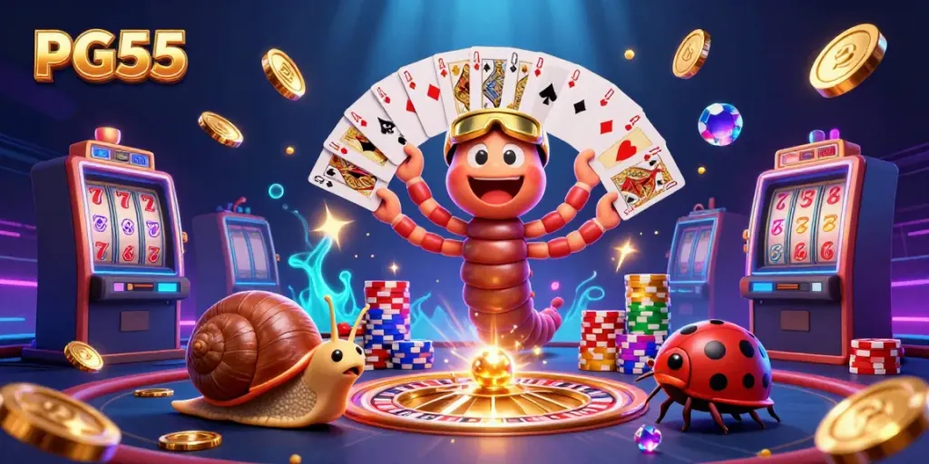 Experience PG55's excitement with a dynamic casino scene featuring cartoon characters and vibrant game elements.