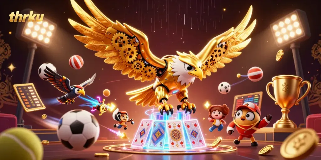 Experience thrilling gameplay with thrku's exciting golden eagle mascot diving into vibrant holographic cards.