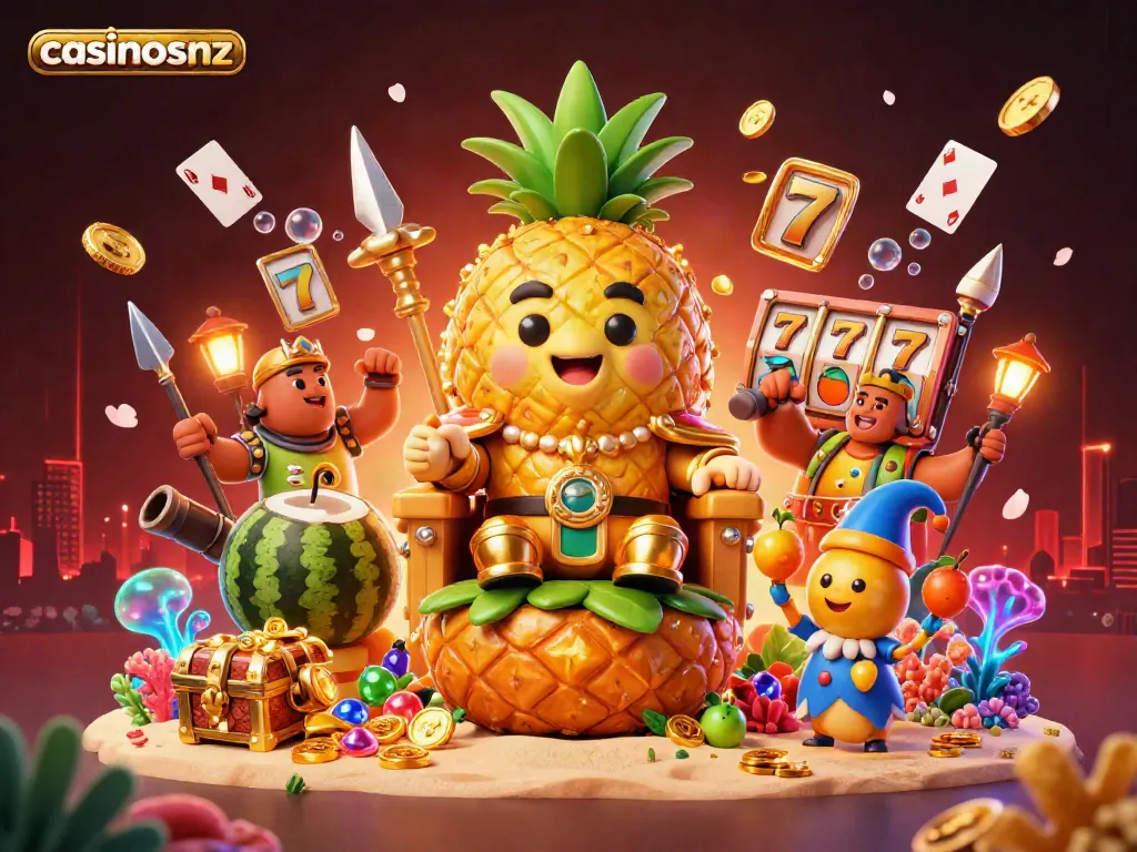 Experience thrilling games at casinosnz with vibrant characters and rich casino elements in a dynamic 3D beach setting.