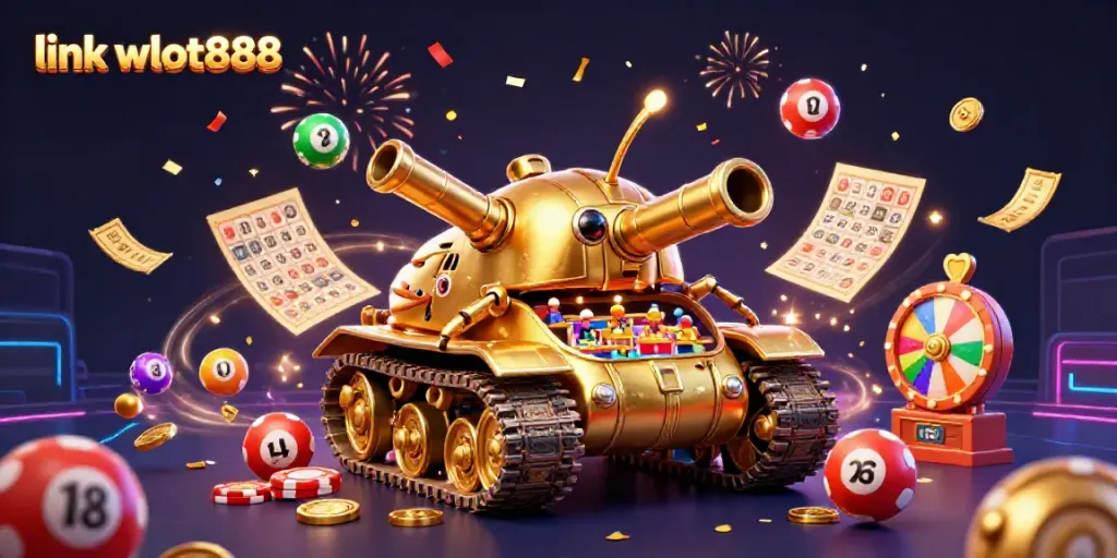 Permainan seru di link wslot888, dengan mesin slot mengeluarkan koin emas dan bola lotere berwarna-warni.