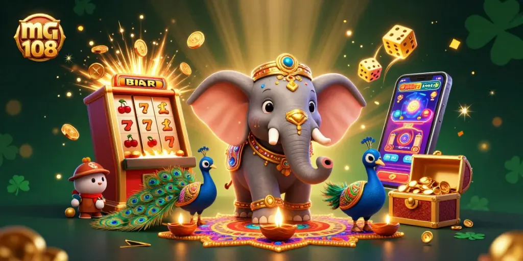Menang di slot online dengan mg 108, gajah berhiaskan emas, simbol keberuntungan dan lampu minyak mengelilingi