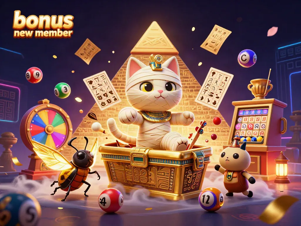 Engage with a vibrant casino scene featuring a mummy cat and bonus new member promotions.