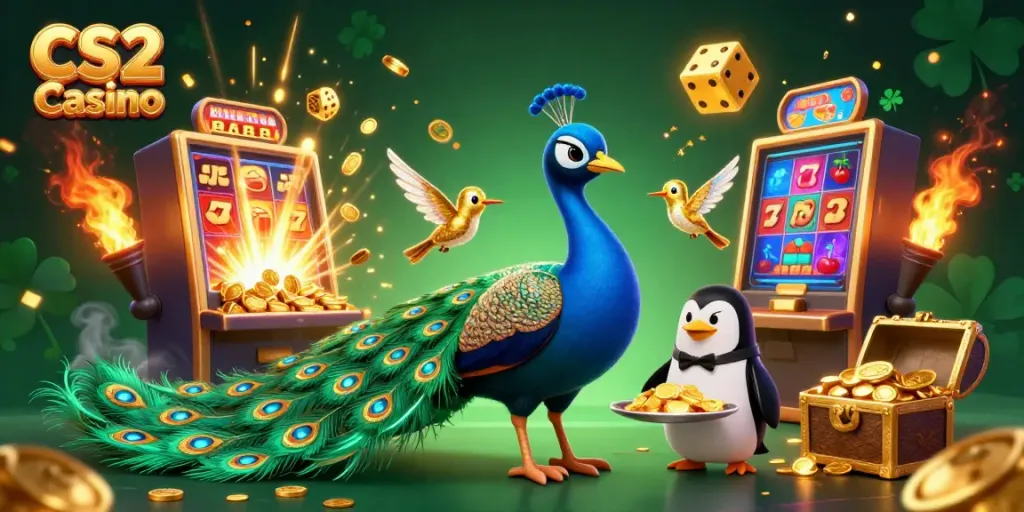 Win big at CS2 Casino with vibrant characters amidst a jackpot explosion and sparkling animations.