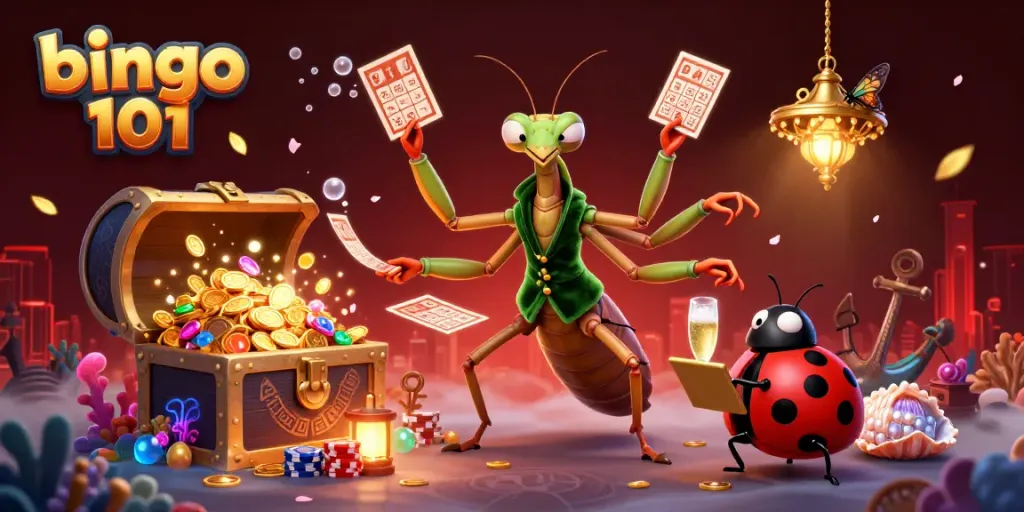 Experience thrilling bingo 101 action with a vibrant 3D scene illustrating card gameplay, bonuses, and fun.