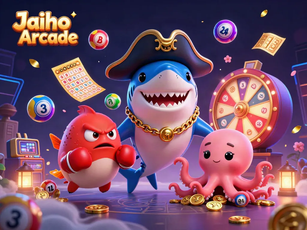 Experience the thrilling Jaiho Arcade with vibrant gaming elements and cartoon characters celebrating wins and jackpots.