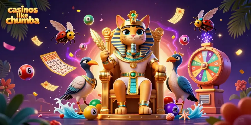 Engage with casinos like Chumba through vibrant games featuring lottery balls and Gold Coins in a dynamic scene.