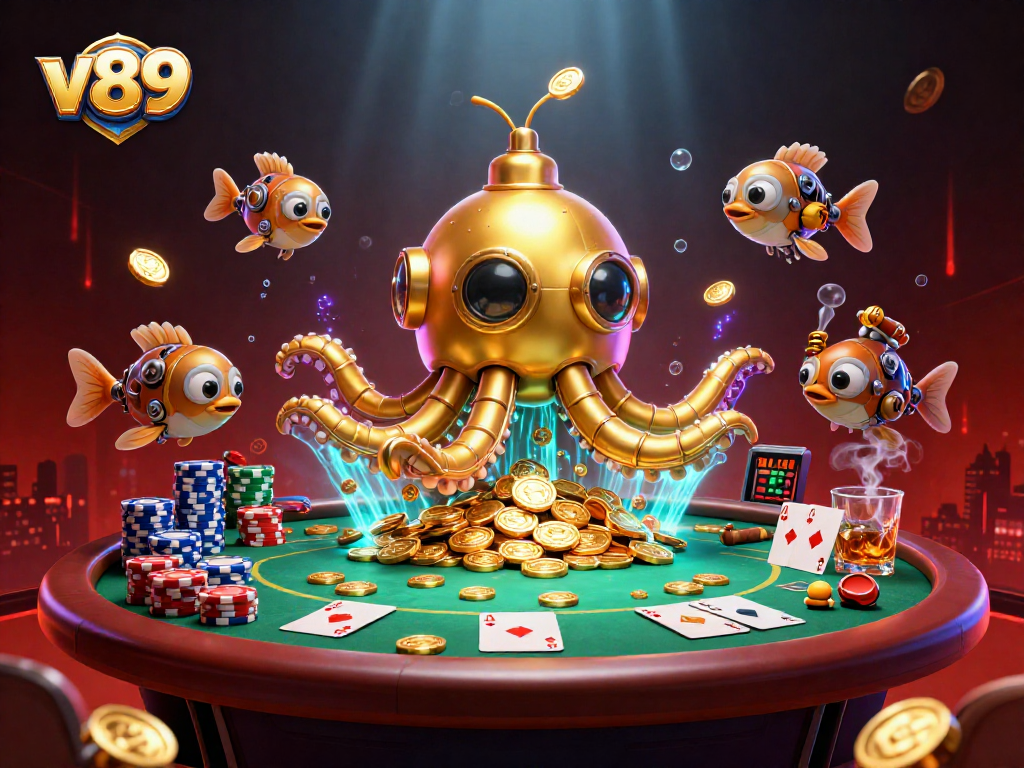 Menangkan di meja poker v89 dengan kraken emas dan ikan mekanis yang mengelilinginya