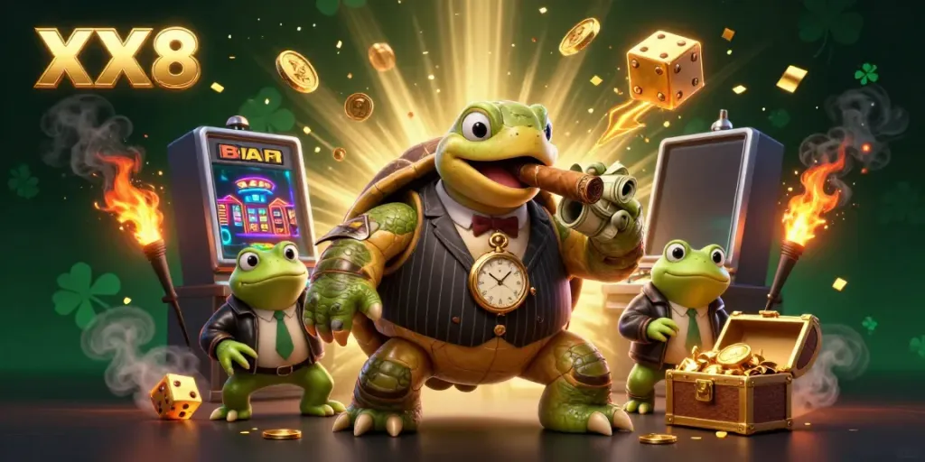 Experience excitement at XX8's casino with a lively cartoon turtle and bullfrogs surrounded by jackpot treasures.