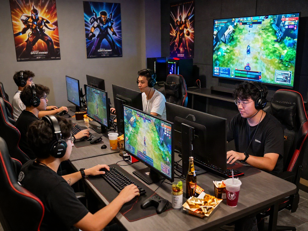 Exciting situs toto gaming scene with diverse players, vibrant game interfaces, and immersive atmosphere.