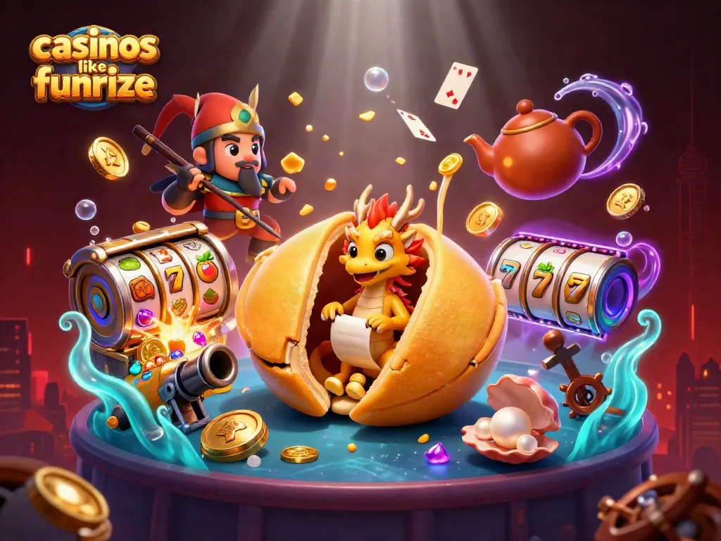 Experience casinos like Funrize with gold coins and slot reels in this dynamic casino illustration.