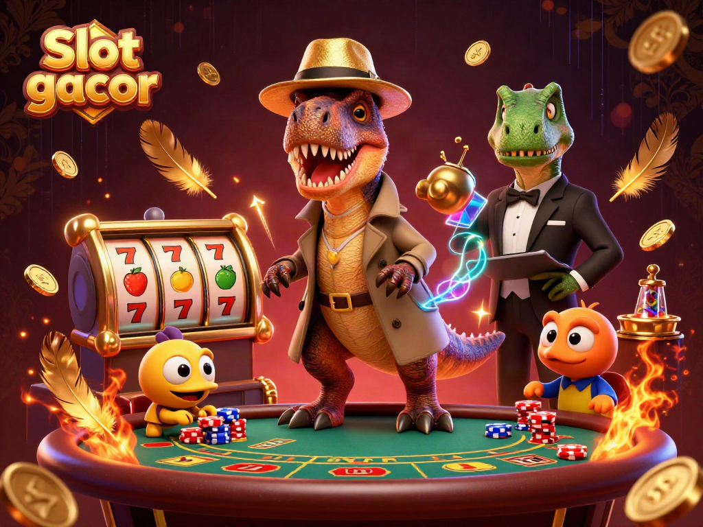 Slot gacor menghadirkan adegan dinamis dengan velociraptor dan stegosaurus di meja blackjack.
